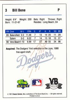 1991 Classic Best Vero Beach Dodgers #3 Bill Bene Back