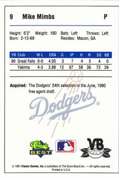 1991 Classic Best Vero Beach Dodgers #9 Mike Mimbs Back