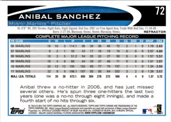 2012 Topps Chrome - Refractors #72 Anibal Sanchez Back