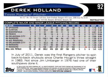 2012 Topps Chrome - Refractors #92 Derek Holland Back
