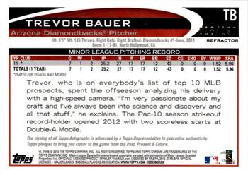 2012 Topps Chrome - Rookie Autographs Blue Refractors #TB Trevor Bauer Back