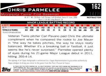 2012 Topps Chrome - Rookie Autographs Sepia Refractors #162 Chris Parmelee Back