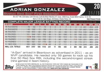 2012 Topps Chrome - Sepia Refractors #20 Adrian Gonzalez Back