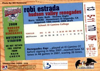 2008 Grandstand Hudson Valley Renegades #NNO Robi Estrada Back