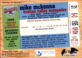 2008 Grandstand Hudson Valley Renegades #NNO Mike McKenna Back