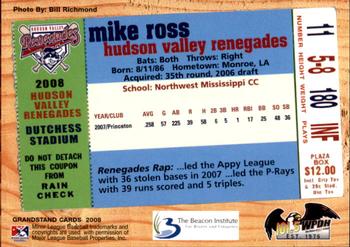 2008 Grandstand Hudson Valley Renegades #NNO Mike Ross Back