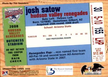 2008 Grandstand Hudson Valley Renegades #NNO Josh Satow Back