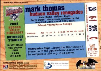 2008 Grandstand Hudson Valley Renegades #NNO Mark Thomas Back