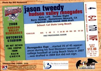2008 Grandstand Hudson Valley Renegades #NNO Jason Tweedy Back