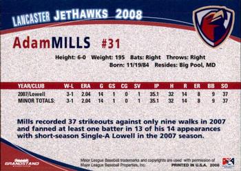 2008 Grandstand Lancaster JetHawks #19 Adam Mills Back