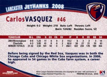 2008 Grandstand Lancaster JetHawks #31 Carlos Vasquez Back