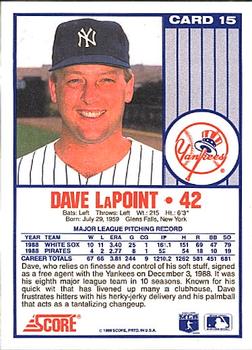 1989 Score New York Yankees #15 Dave LaPoint Back