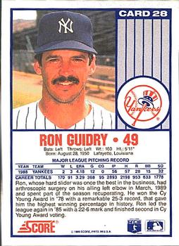 1989 Score New York Yankees #28 Ron Guidry Back