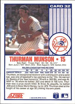 1989 Score New York Yankees #32 Thurman Munson Back