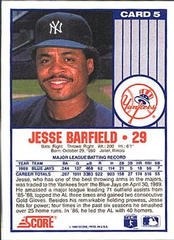 1989 Score New York Yankees #5 Jesse Barfield Back