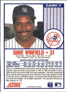 1989 Score New York Yankees #7 Dave Winfield Back