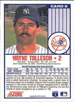 1989 Score New York Yankees #9 Wayne Tolleson Back