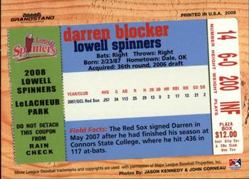 2008 Grandstand Lowell Spinners #NNO Darren Blocker Back