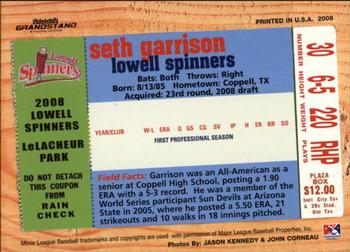 2008 Grandstand Lowell Spinners #NNO Seth Garrison Back