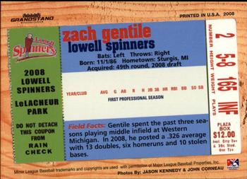 2008 Grandstand Lowell Spinners #NNO Zach Gentile Back