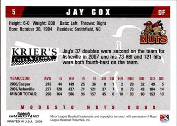 2008 Grandstand Modesto Nuts #4 Jay Cox Back