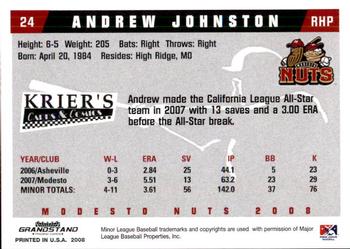 2008 Grandstand Modesto Nuts #15 Andrew Johnston Back