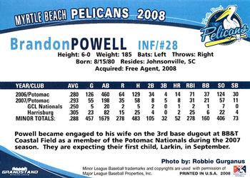 2008 Grandstand Myrtle Beach Pelicans #24 Brandon Powell Back
