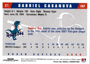 2008 Grandstand Ogden Raptors #NNO Gabriel Casanova Back