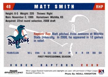2008 Grandstand Ogden Raptors #NNO Matt Smith Back