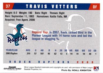 2008 Grandstand Ogden Raptors #NNO Travis Vetters Back