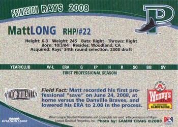 2008 Grandstand Princeton Rays #20 Matt Long Back