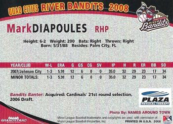 2008 Grandstand Quad Cities River Bandits #11 Mark Diapoules Back