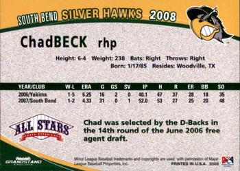 2008 Grandstand South Bend Silver Hawks #2 Chad Beck Back