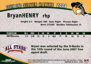 2008 Grandstand South Bend Silver Hawks #13 Bryan Henry Back