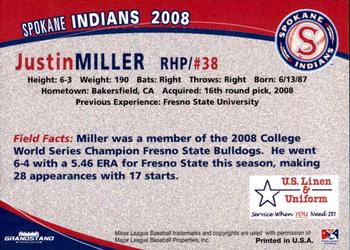2008 Grandstand Spokane Indians #NNO Justin R. Miller Back