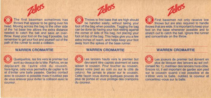 1982 Zellers Montreal Expos - 3-Card Panels #18A / 18B / 18C Warren Cromartie Back