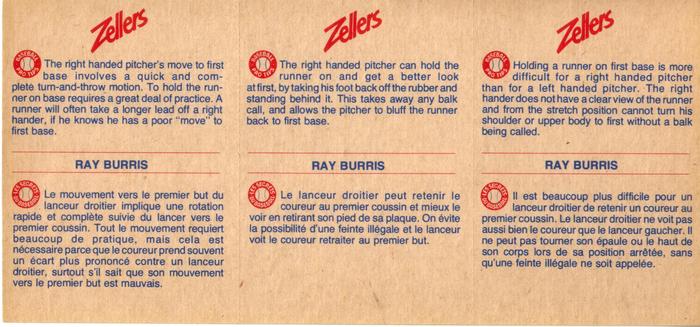 1982 Zellers Montreal Expos - 3-Card Panels #20A / 20B / 20C Ray Burris Back