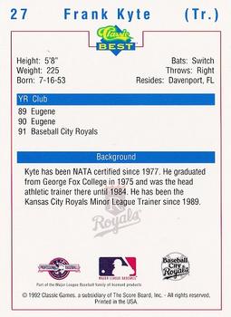 1992 Classic Best Baseball City Royals #27 Frank Kyte Back