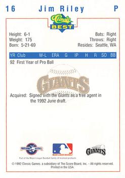 1992 Classic Best Everett Giants #16 Jim Riley Back