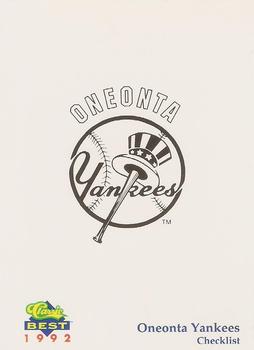 1992 Classic Best Oneonta Yankees #30 Checklist Front
