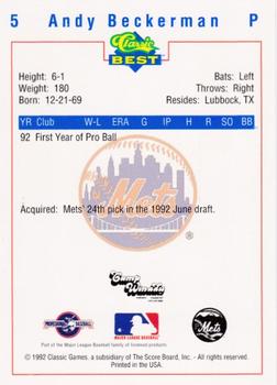 1992 Classic Best Pittsfield Mets #5 Andy Beckerman Back