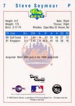 1992 Classic Best Pittsfield Mets #7 Steve Seymour Back