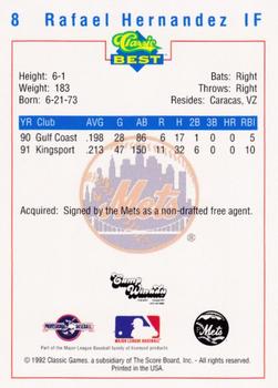 1992 Classic Best Pittsfield Mets #8 Rafael Hernandez Back