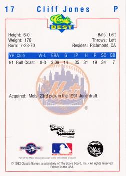 1992 Classic Best Pittsfield Mets #17 Cliff Jones Back