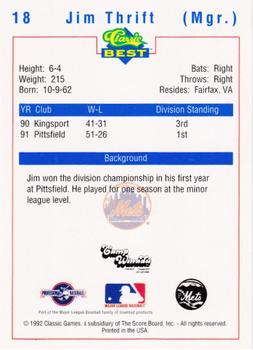 1992 Classic Best Pittsfield Mets #18 Jim Thrift Back
