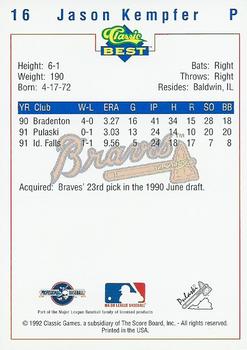 1992 Classic Best Pulaski Braves #16 Jason Kempfer Back