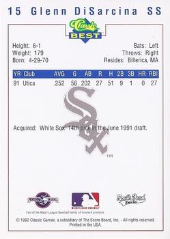 1992 Classic Best South Bend White Sox #15 Glenn DiSarcina Back