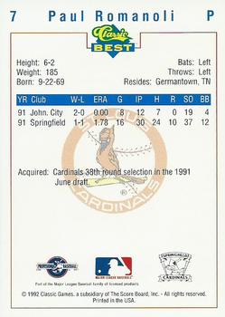 1992 Classic Best Springfield Cardinals #7 Paul Romanoli Back