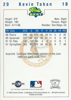 1992 Classic Best Springfield Cardinals #20 Kevin Tahan Back