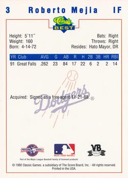 1992 Classic Best Vero Beach Dodgers #3 Roberto Mejia Back